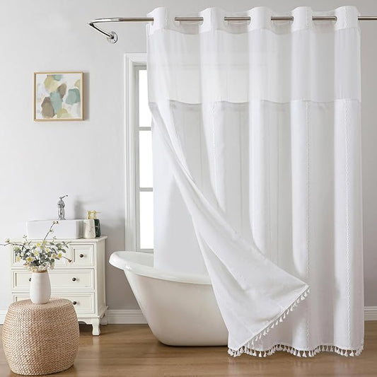 No Hook Long Shower Curtain Set with Snap-in Fabric Liner,Linen Ultra Thick Fabric with Tassels,Boho Chic Modern Farmhouse Country Neutral Cloth Shower Curtains for Bathroom,White,71x80