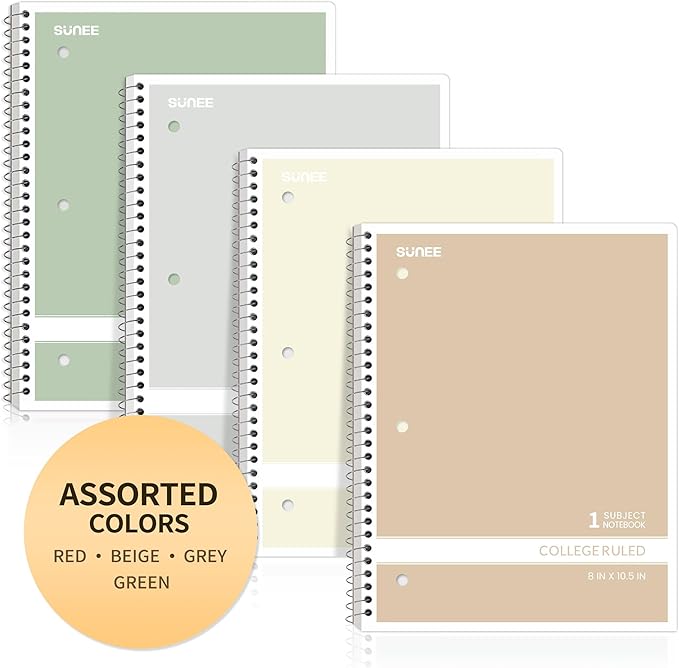 SUNEE Spiral Notebooks College Ruled, 1-Subject, 4 Pack, 8 x 10-1/2 inch, 70 Sheets per Notebook, 3-Hole Punched Paper, Green, Grey, Beige, Red for Work, Home & School, Writing Journal