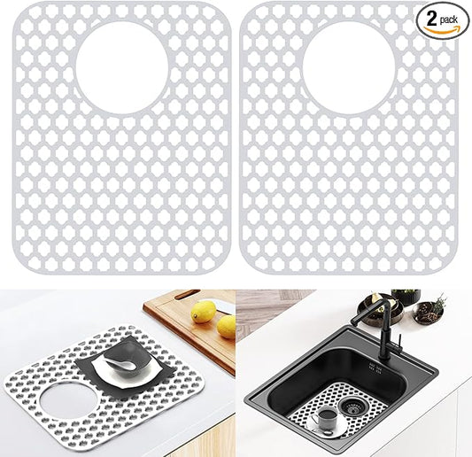 2 Pack Silicone Sink Protector for Kitchen Sink Bathroom, 13.58" x 11.6" Heat-resistant Sink Mat Non-Slip and Durable Silicone Protectors, Rear Drain, White