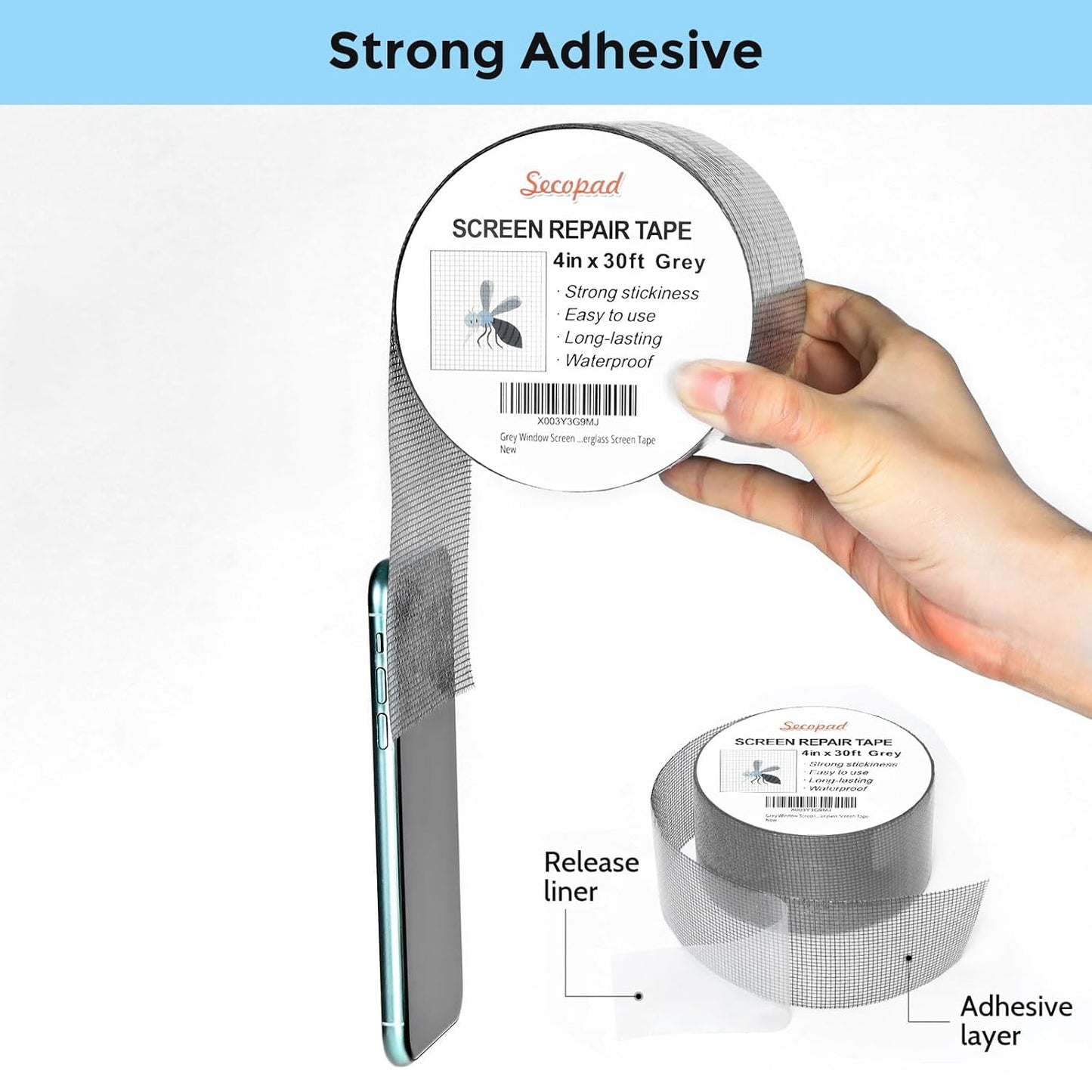 Grey Window Screen Repair Kit, 4 in X 30 FT (360IN) Screen Repair Tape for Windows or Doors, Strong Adhesive Fiberglass Mesh Patch Tape