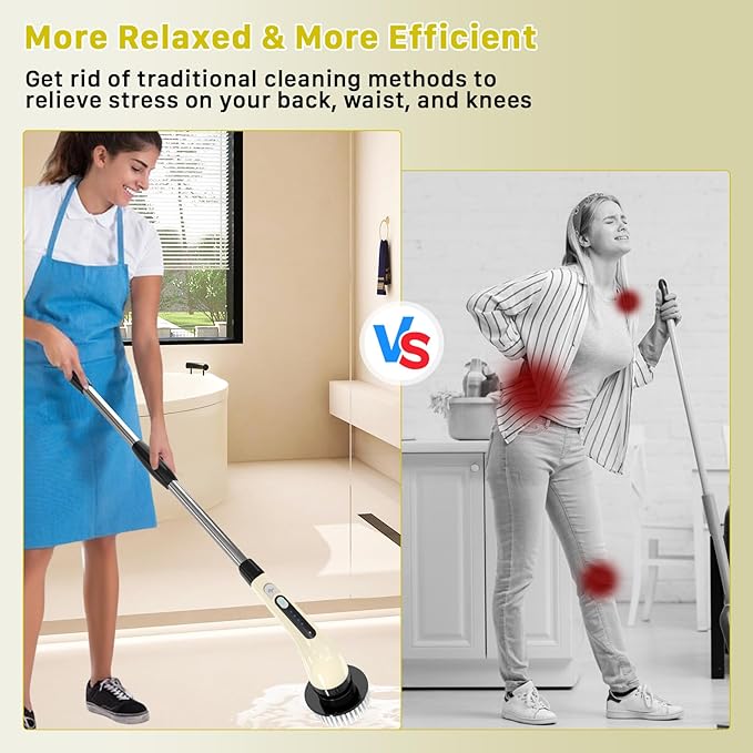 Electric Spin Scrubber, Cordless Cleaning Brush, Shower Scrubber with 7 Replaceable Brush, 2 Speeds and Adjustable Extension Handle for Bathroom Shower Bathtub Glass Car(Beige)