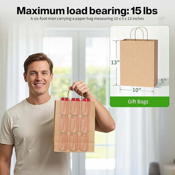 Simple Deluxe 250 Pack Kraft Paper Bags with Handles 10x5x13 - Made in USA -15 Lb Max Load - 100% Recycled Natural Brown Shopping Bags for Retail, Gifts & Merchandise (Premium 90GSM)