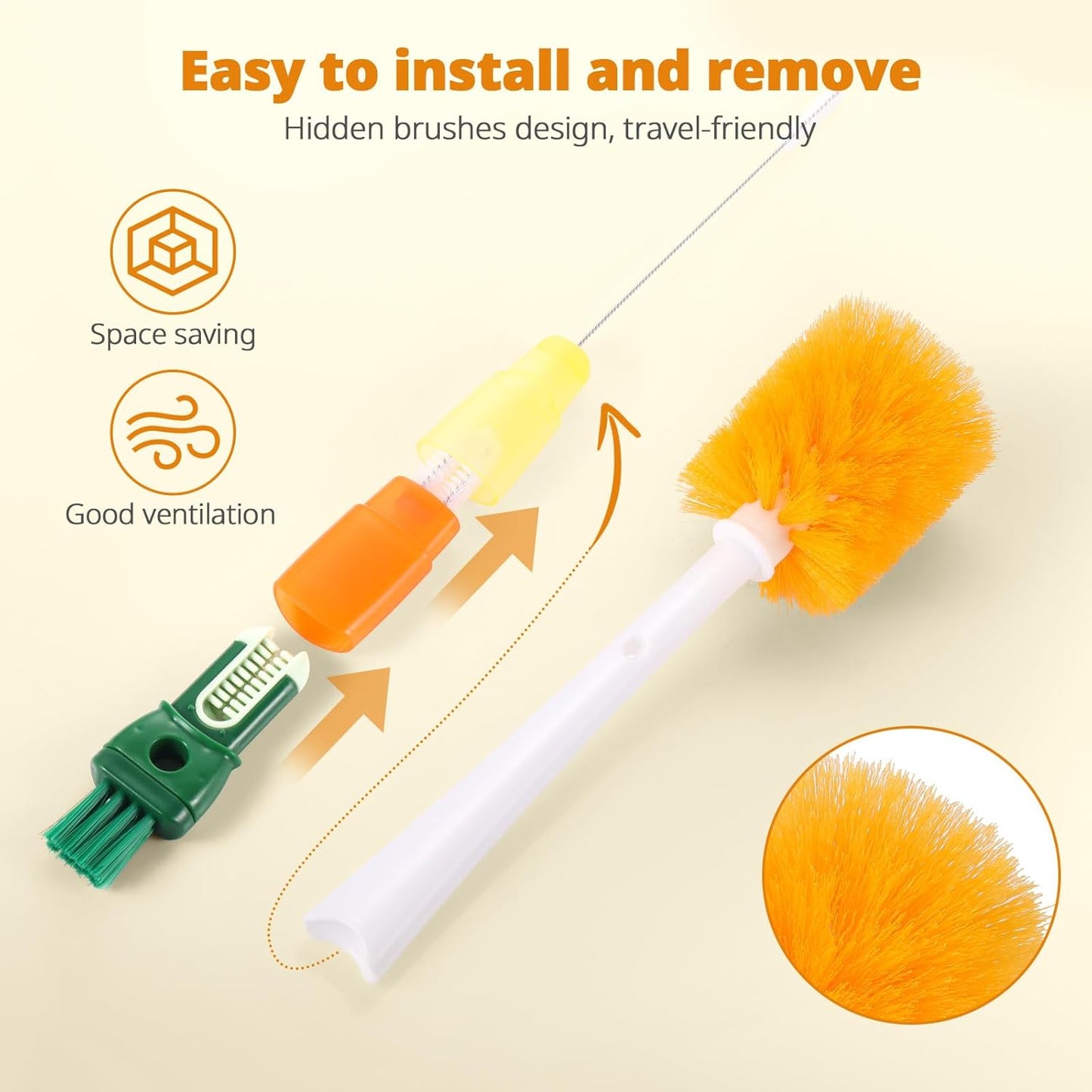 OUTXE 5 Pack Bottle Brush Set, 5-in-1 Multifunctional Water Bottle Cleaning Brush 2 Pack, with Nipple Brush, Detail Brush for Cup Lid Gap, 12" 10" 8" Straw Brush for Stanley Yeti