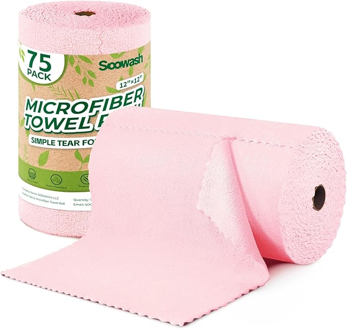 Microfiber Cleaning Cloths Roll, 75 Pack Tear Away Microfiber Towels Roll, 12" x 12" Lint Free Rags, Reusable Cleaning Cloths, Washable, Scratch Free,Ultra Absorbent Dish Rags(Pink)