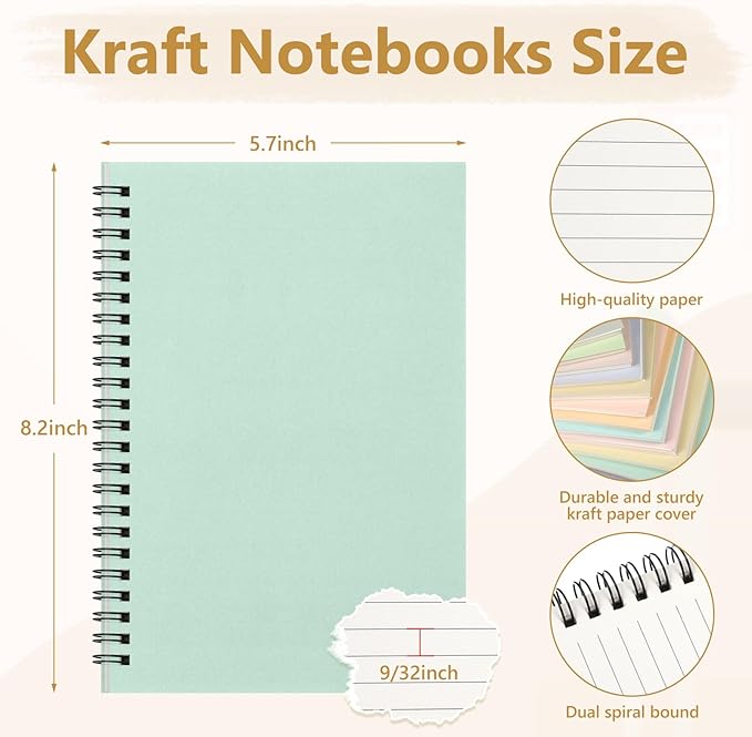 Fuutreo 24 Pcs Spiral Notebook for Work A5 8.3 x 5.7 Inch College Ruled Spiral Journal Notebook Kraft Cover, 12 Color, 60 Sheets, 120 Pages for Office School Supplies (Macaron Color,Classic)