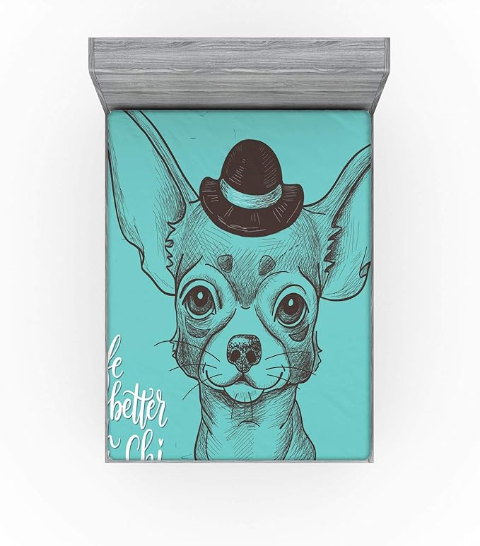 Ambesonne Chihuahua Fitted Sheet, Face Sketch of Dog with Hat and Life is Better with a Chi Words, Bed Cover with All-Round Elastic Deep Pocket for Comfort, Queen Size, Seafoam Taupe and White