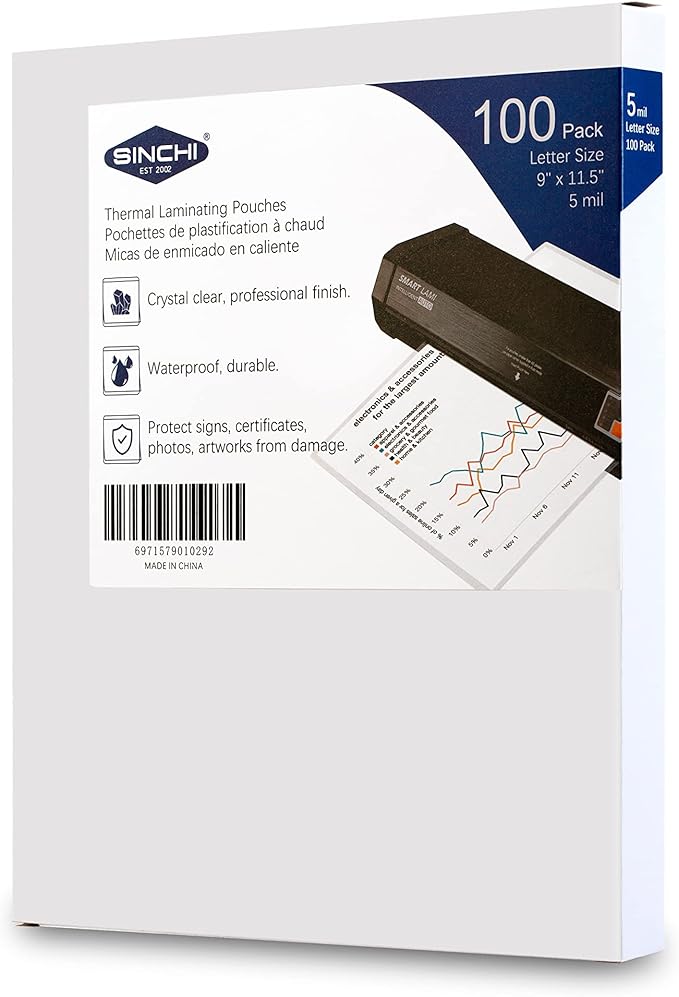 SINCHI Thermal Laminating Pouches, 5 mil, Clear, 100 Pack, 9x11.5-Inches Letter Size Laminating Sheets