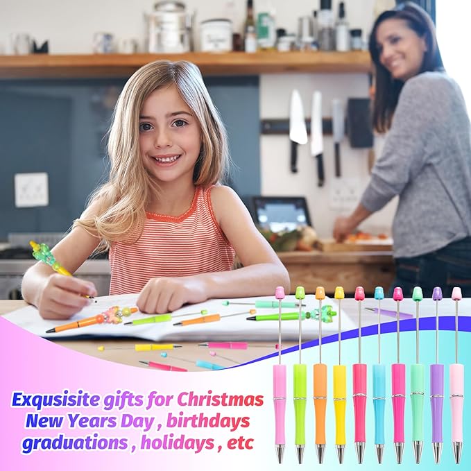 300 Pieces DIY Beadable Pen Kit – 100 Plastic Ballpoint Pens with Refills & Bags – School Supplies, Office Accessories & Decorative Items for Students & Teachers (Candy color)