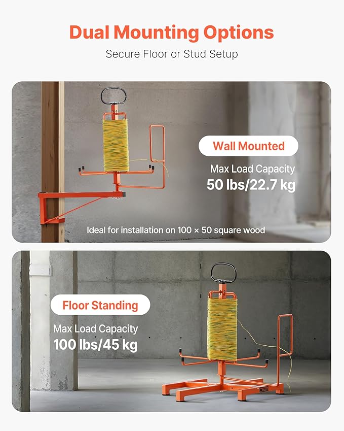 VEVOR Cable Dispenser, Floor or Stud Mounted, Wire Spool Rack, Portable Wire Rack Dispenser with Anti-Slip Metal Handle for Wiring Transport, Swivel Eyelet, for Electrical, Industrial and Retail Use