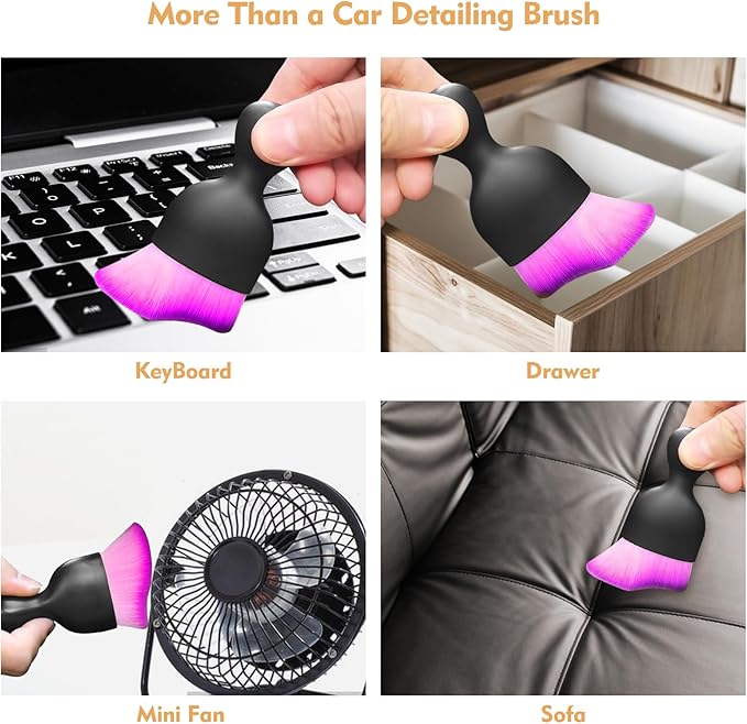 Car Interior Cleaning Brush with Ultra Soft Bristles, Car Duster Interior, Auto Detailing Brushes Dusting Car Accessories for Dashboard, AC Vents, Leather, Scratch-Free (Double Purple)