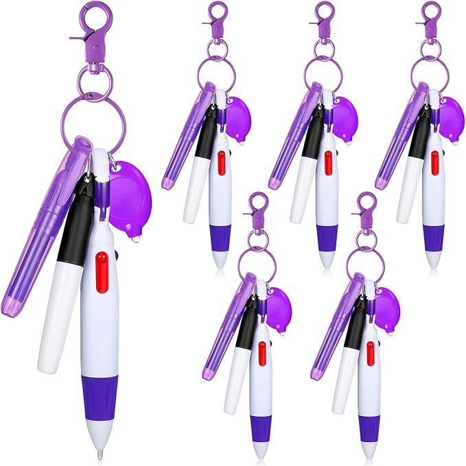 Chinco 30 Pcs Retractable Shuttle Pen Clip with Mini Highlighter Nurse Badge Pen Neon Marker LED Keychain Ring Clip