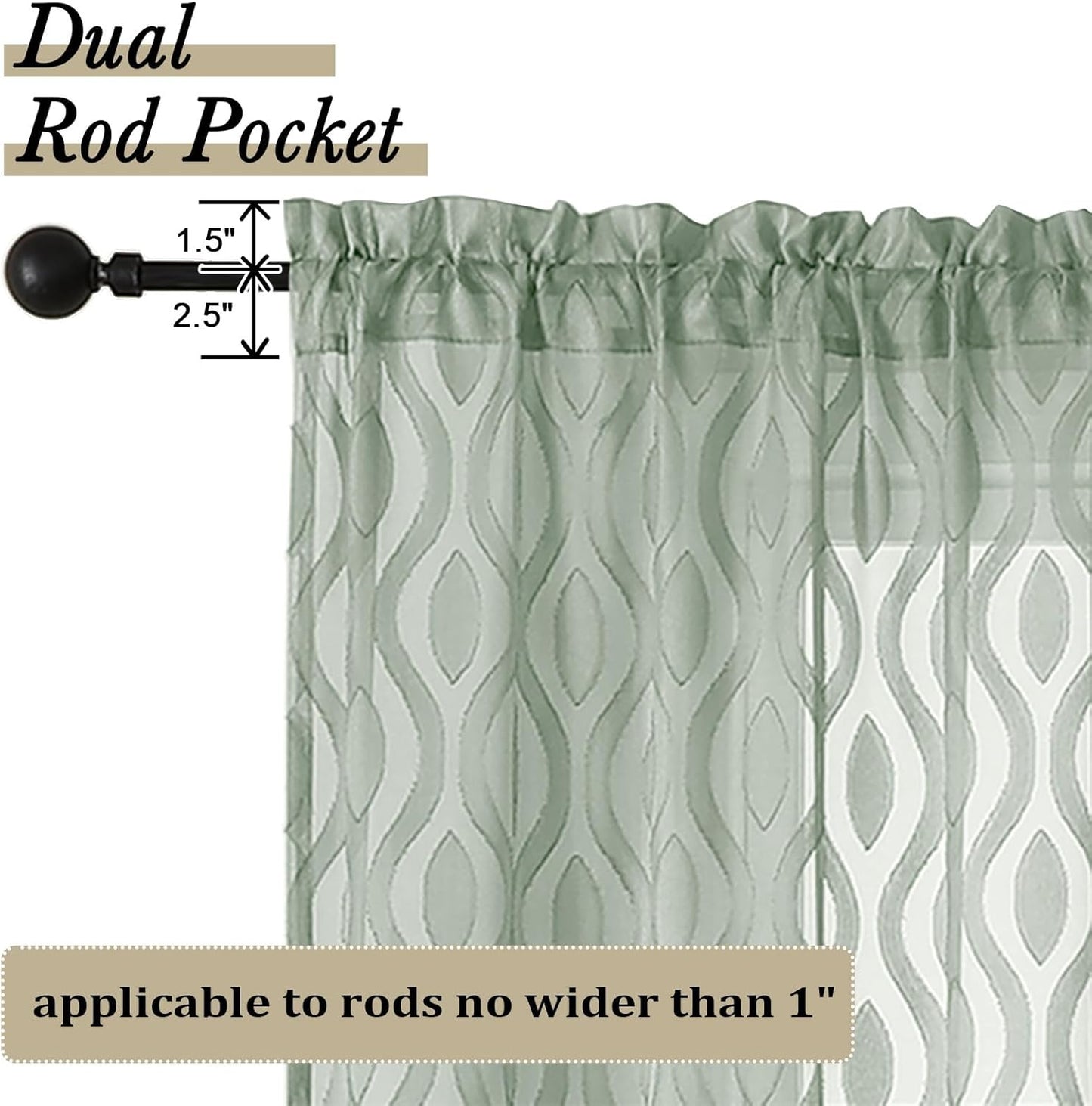 Aiyufeng Green Sheer Curtains 72 Inches Long 2 Panels Set, Lightweight Clip Jacquard Textured Sheer Privacy Curtains for Bedroom Living Room, Classic Wavy Line Design Door Curtains, 40" Wx72 L Inches