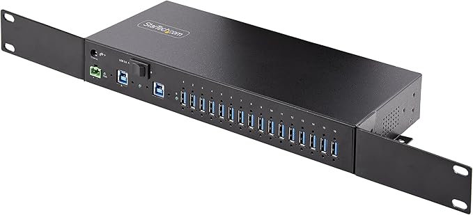 StarTech.com 16-Port Industrial USB 5Gbps Hub with Power Adapter, Metal, DIN/Surface/Rack Mountable, Dual-Host Hub/Switch, TAA