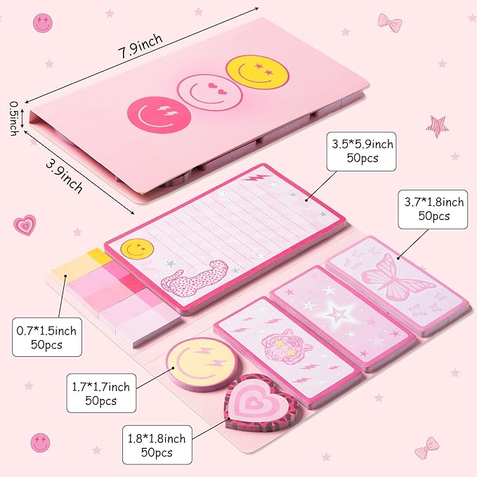 L1rabe Preppy Sticky Notes Set - Back to School 550 Sheets Y2K Smile Face Self-Stick Notes Pads Pink Divider Tabs Bundle Writing Memo Pads for Preppy Students Teacher Girls Woman Birthday Gifts
