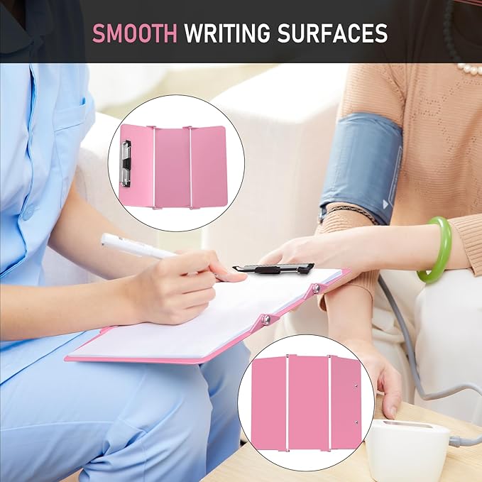 Nursing Clipboard Foldable Without Edition Cheat Charts, 3 Layers Aluminum, Nurse Board w/Low Profile Clip&Pen Clip Pocket, Pink