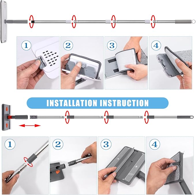 Mops for Floor Cleaning with 57" Long Handle, Scrub Brush, Baseboard Cleaner Tool with 84" Handle, 2 Reusable Pads, Wet and Dust Mopping for Hardwood, Laminate, Tile Floor, Skirting Board, 19Pcs Gray