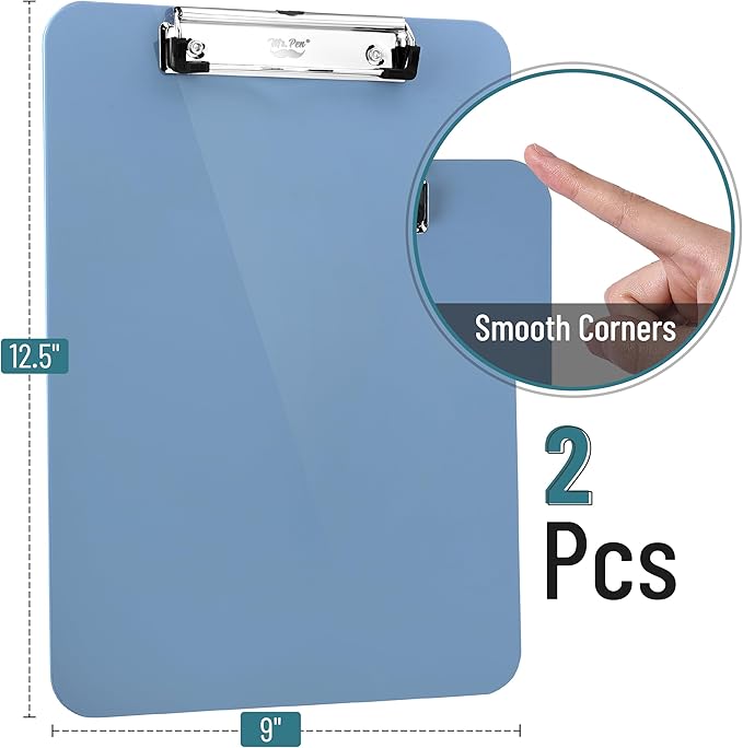 Mr. Pen- Plastic Clipboard, 12.5" x 9", 2 Pack, Gray-Blue Clipboard Plastic, Low-Profile Metal Clip with Retractable Hanging Hole