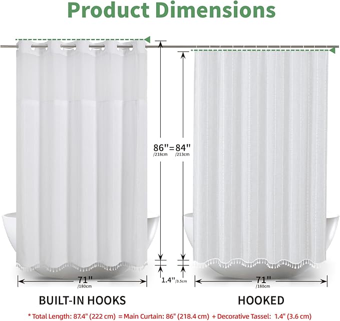 No Hook Extra Long Shower Curtain Set with Snap-in Liner,Linen Textured Thick Striped Fabric with Tassels,Boho Chic Modern Farmhouse Bathroom Curtain,Water-Repellent,White,71x86