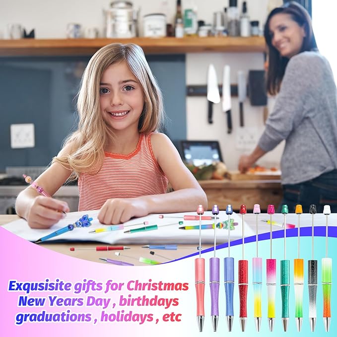 300 Pieces DIY Beadable Pen Kit – 100 Plastic Ballpoint Pens with Refills & Bags – School Supplies, Office Accessories & Decorative Items for Students & Teachers (Gradient)