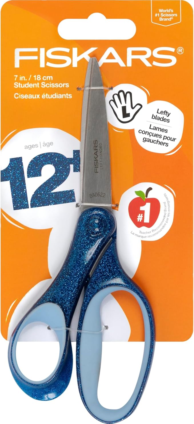 Fiskars 7" SoftGrip Left-Handed Student Glitter Scissors for Kids 12+ - Left-Handed Scissors for School or Crafting - Back to School Supplies - Blue Glitter
