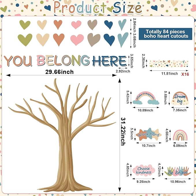 Boho Classroom Tree Bulletin Board Decorations Heart Cutouts Border Welcome Classroom You Belong Here Bulletin Board Decor Supplies for Chalkboard Elementary School Home Wall(You Belong Here)