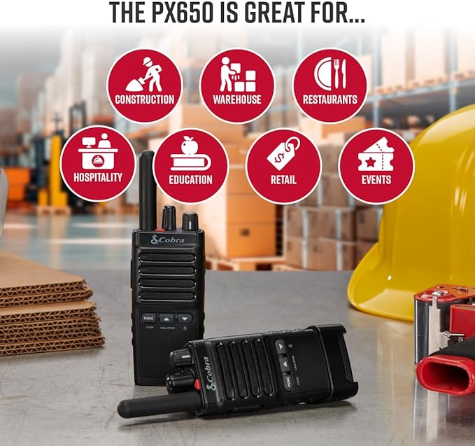 Cobra PX650 BCH6 - Professional/Business Walkie Talkies - Rechargeable, 300,000 sq. ft/25 Floor Range, Dust Protected and Splashproof (IP54 rating), Two-Way Radio Set (6-Pack)