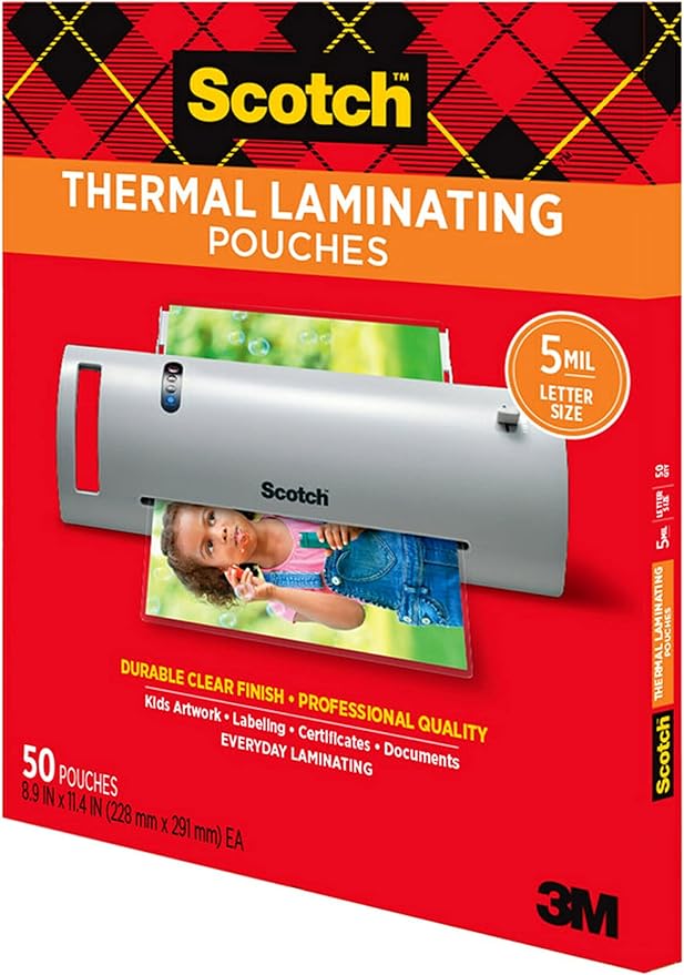 Scotch Thermal Laminating Pouches Premium Quality, 5 Mil Thick for Extra Protection, 50 Pack Letter Size Laminating Sheets, Our Most Durable Lamination Pouch, 8.9 x 11.4 inches, Clear