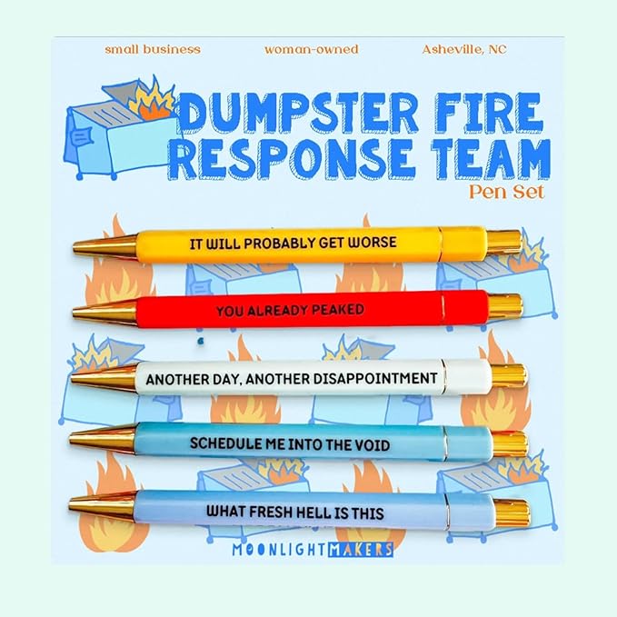 Moonlight Makers Funny Office Supplies Gift Set - Dumpster Fire Pen Set, Fires To Put Out Notepad, Survival Kit Zipper Pouch - Cute Stationery Sets for Women, Funny Gifts for Friends and Coworkers