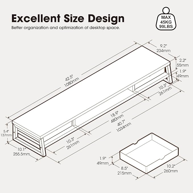Fenge Dual Monitor Stand, Monitor Riser with Drawer, 42.5 Inch Large Computer Monitor Stand for 2 Monitors, 2 Tier Wooden Desk Shelf for Top of Desk