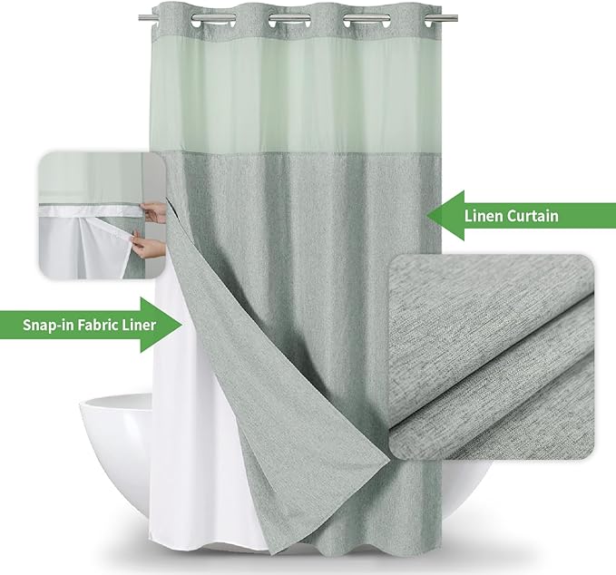 Stall No Hooks Needed Linen Textured Shower Curtain with Snap-in Fabric Liner Set,Hotel Luxury Decor Shower Curtains for Bathroom,Waterproof & Washable,60Wx74H,Sage Green