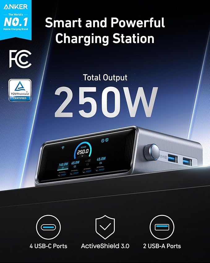 Anker Prime Charging Station, 250W 6-Port GaN USB C Charger, 2.26" LCD Smart Display Control, Compatible with iPhone, Galaxy, MacBook, Dell for Home Office, Gaming Desk Accessories