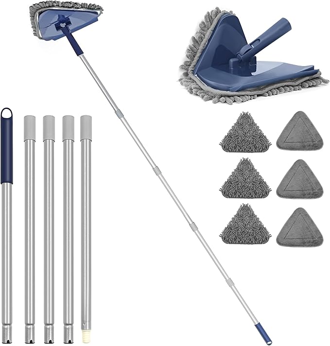 Wall Cleaner Mop with 82" Extendable Handle, 360° Rotating Head & 90° Flip, Microfiber/Chenille Pads, Built-in Squeegee for Ceiling, Wall, Baseboard and Window Cleaning