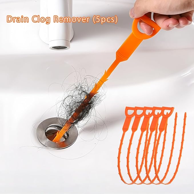 Drain Clog Remover (5pcs)＆Drain Auger 16 FT (1pcs)＆Drain Snake Hair Remover (1pcs),Toilet Plumbing Snake Set for Toilet Sewer Shower Kitchen Bathroom Tub Clogged Drains Opener Cleaning Tool