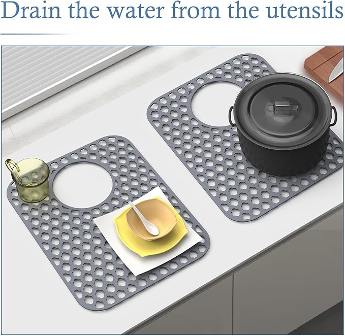 2 Pack Silicone Sink Protector for Kitchen Sink Bathroom, 13.58" x 11.6" Heat-resistant Sink Mat Non-Slip and Durable Silicone Protectors, Rear Drain, Gray