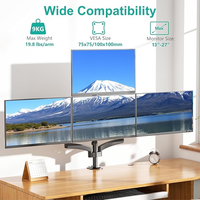 WALI Quad Monitor Mount for 13-27 inch Screens, Extra Tall 4 Monitors Desk Mount, up to 19.8lbs, 32.2 inch Height Max, Fully Adjustable Gas Spring 4 Monitor Stand, VESA 75/100mm (GSDM004S), Black