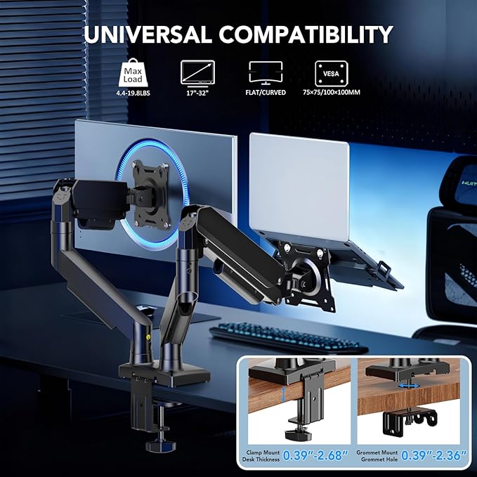 Dual Monitor Stand, Adjustable Monitor Desk Mount for 17″–32″ Computer Screens, Full Motion VESA 75x75/100x100 with C-Clamp & Grommet Aluminum Base, Each Arm Holds 4.4 to 20 lbs AX09DB201