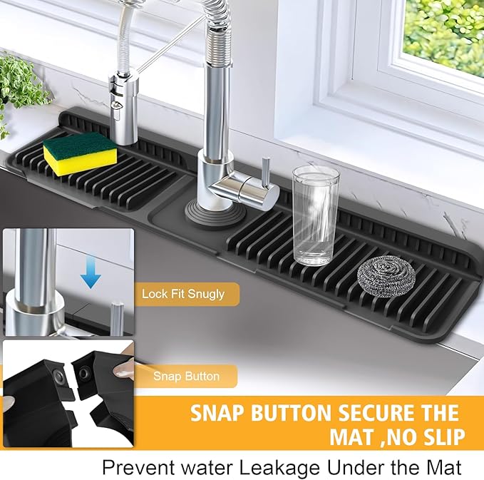 24-Inch Kitchen Sink Splash Guard Mat | 7° Slope for Fast Self-Draining | Snap-Lock Design | Universal & Cuttable Silicone Faucet Mat (Black)