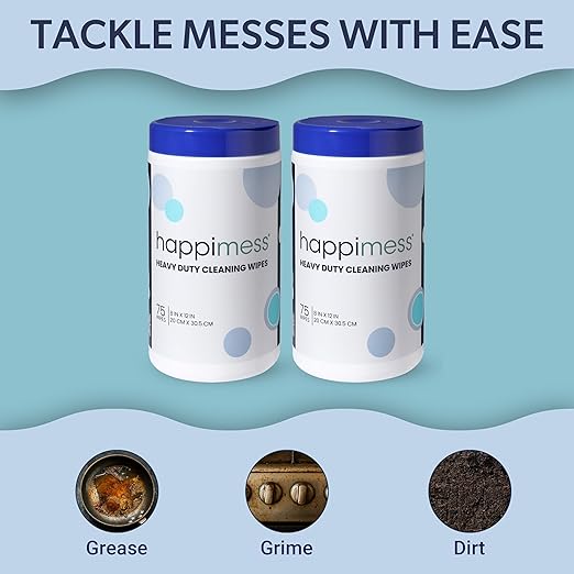 happimess WPE1001A-2SET Heavy Duty Cleaning Wipes, Multi-Purpose Multi-Surface Household Wipes, Extra Strong Cleaner for Kitchen, Bathroom, and Pet Messes, Unscented, 150 Count (2 Packs of 75)