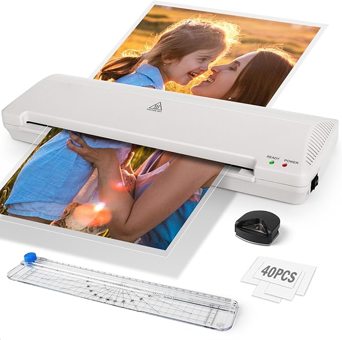 Laminator 13 Inch A3 Laminator Machine, 7 in 1 Desktop Thermal Laminator Never Jam with 40 Laminating Pouches, Paper Trimmer and Corner Rounder, Fast Warm-Up Home Office School Use, White