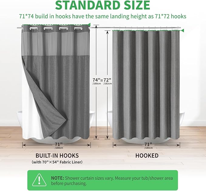 No Hooks Needed Linen Textured Shower Curtain with Snap-in Fabric Liner Set,Hotel Luxury Decor Waterproof Shower Curtains for Bathroom with Mesh Top Window,Washable,71Wx74H,Charcoal Grey