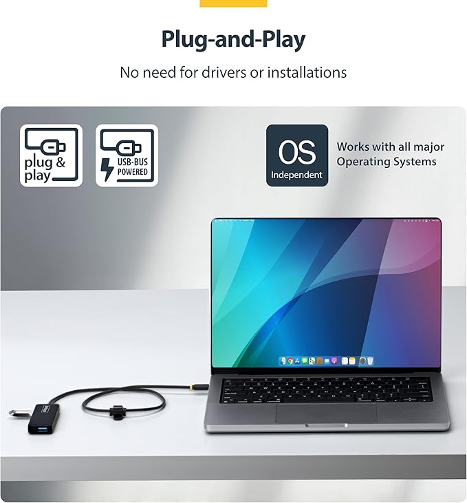 StarTech USB-C 4-Port Hub, SuperSpeed 5Gbps, 4 × USB-A Adapter, Bus-Powered Portable Hub with Extra Long 2 ft Cable, Plug-and-Play for MacBook, Dell, Chromebook, PC & Peripheral Devices