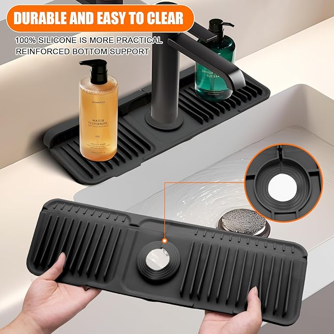 17.7" Silicone Faucet Mat with Button Style Design – Longer Drip Catcher Tray & Sink Splash Guard, 6° Slope Behind Faucet Mat | Easy Kitchen & Bathroom Sink Protector Black