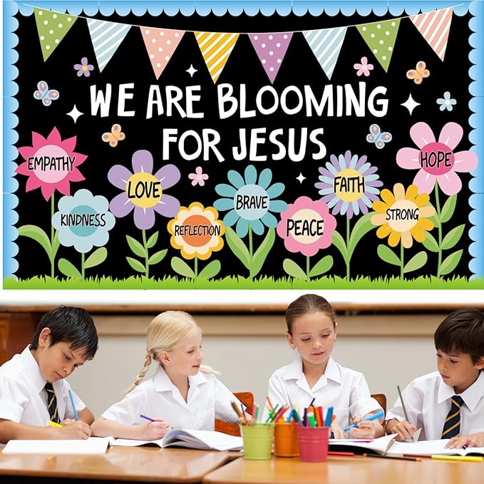 Naozinebi Spring Religious Christian Bulletin Board Sets Sunday School Decoration for Classroom Positive Floral Bulletin Board We are Blooming for Jesus Paper Cutout for Christian Church School Decor