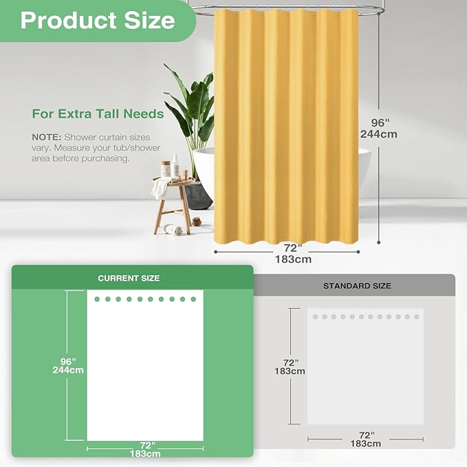 Dynamene Extra Long Shower Curtain - 96 Inch Long Waffle Weave Weighted Thick Cloth Bathroom Shower Curtain, Neutral Heavy Duty Hotel Bath Curtain Set with 12 Plastic Hooks,72x96, Gold