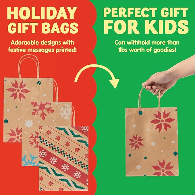 JOYIN 24 Christmas Kraft Gift Bags for Classrooms and Party Favors, Holiday Goody Gift Bags for Xmas Present Wrapping, Christmas Decorations, Party Supplies Decor (10.2" x 4.2" x 6.3 ")