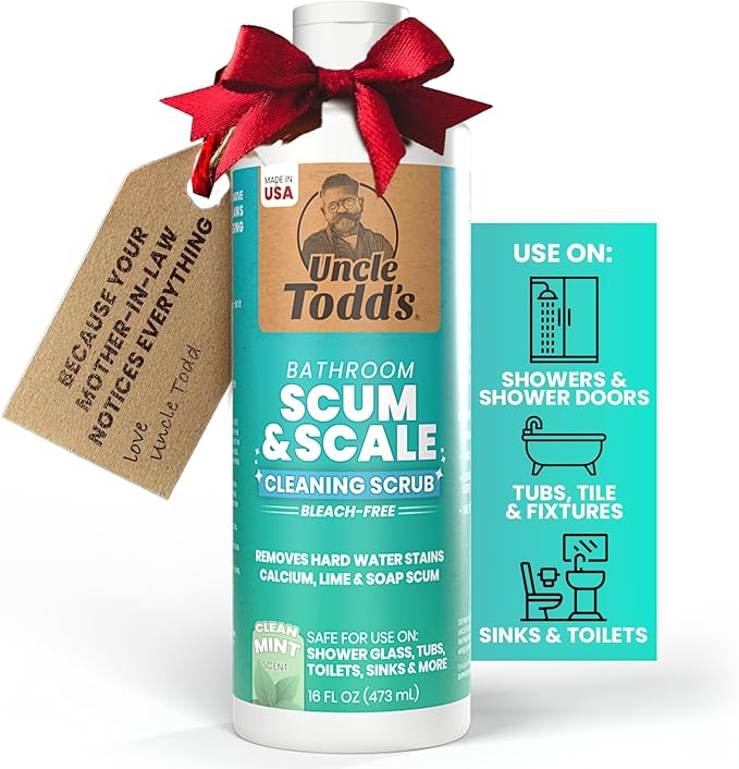 Uncle Todd's Scum & Scale Bathroom Cleaner Hard Water Stain & Soap Scum Remover – Bleach-Free, Heavy Duty Calcium Lime Rust Cleaner for Shower, Glass, Toilet, Tub & Sink – 16oz
