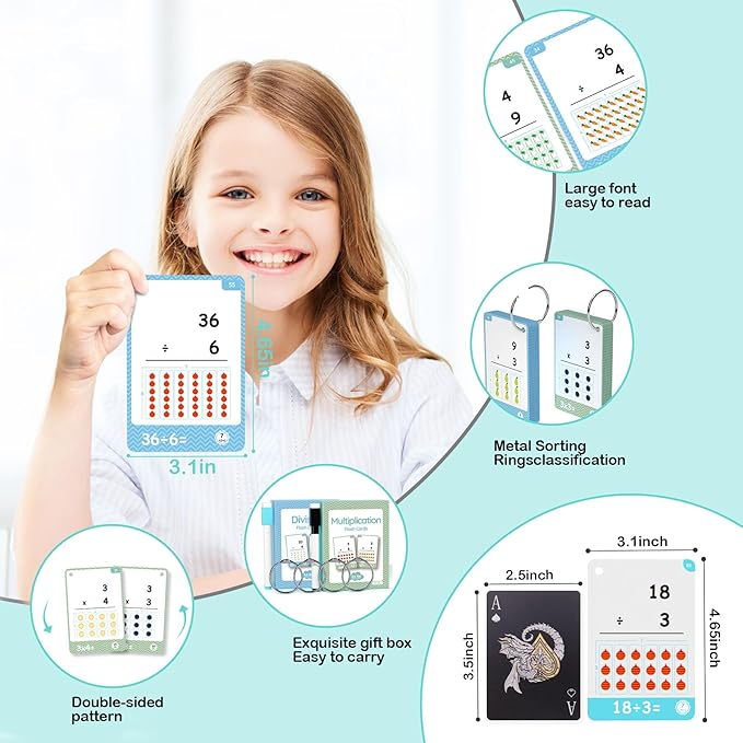110 Cards, 212 Pictures Educational Math Flash Cards, MUL Div Multiplication Division Flash Cards, for Toddlers 7,8,9,10,11 Years for 2ed, 3rd,4th,5th, 6th Grade Studends. (Multi Division Set)
