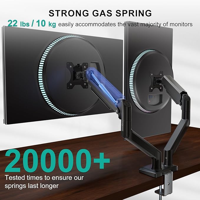 WALI Dual Monitor Stand for 13-32 inch Computer Screens, Dual Monitor Arms for 2 Monitors Holds up to 22 lbs, Height Adjustable Gas Spring Dual Monitors Mount, VESA 75x75/100x100mm (GSMP002N), Black