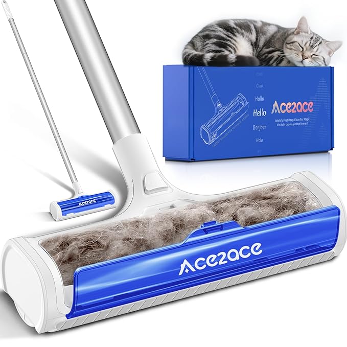 ACE2ACE A3 Pro Carpet Roller for Pet Hair, Carpet Pet Hair Removal Tool, Reusable Large Lint Rollers, 5 Feet Long Handle No Bending No Kneeling, Cat Dog Hair Remover for Carpet, Rugs, Mats, Blue