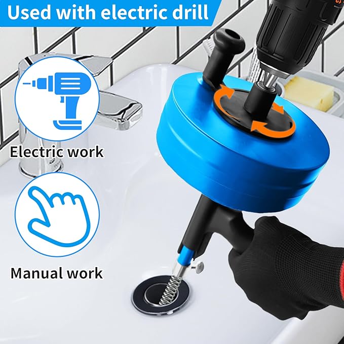 50 Ft Drain Snake, Plumbing Snake with Drill Attachment, Manual & Drill-Powered Drain Auger for Shower, Sink, Bathroom and Kitchen, with Gloves and Storage Bag